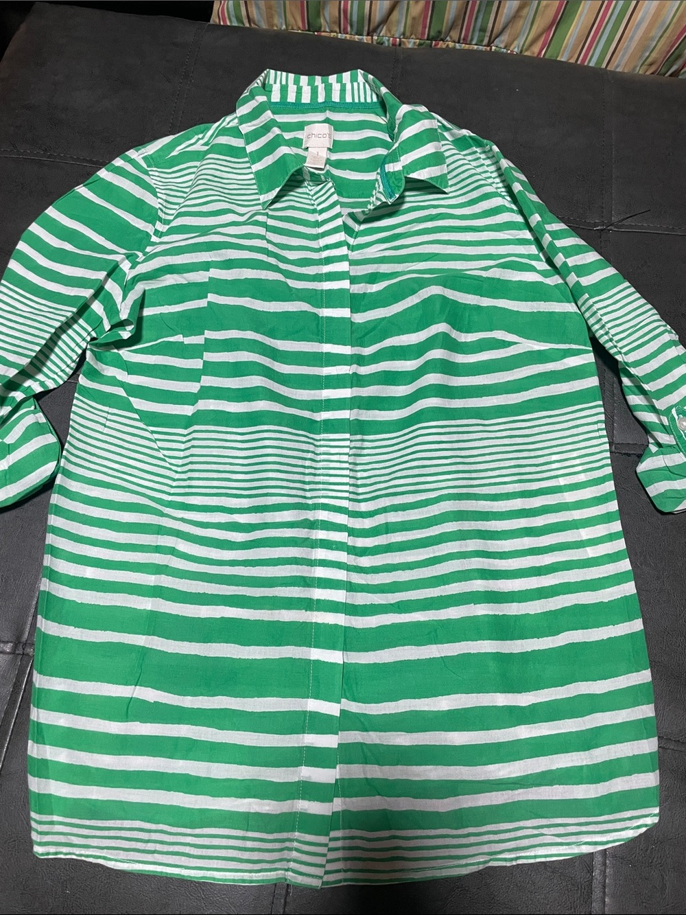 Chico's Green & White Striped Button-Front Tunic